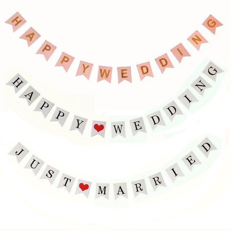 JUST MARRIED HAPPY WEDDING结婚拍照道具派对条横幅彩旗三角旗