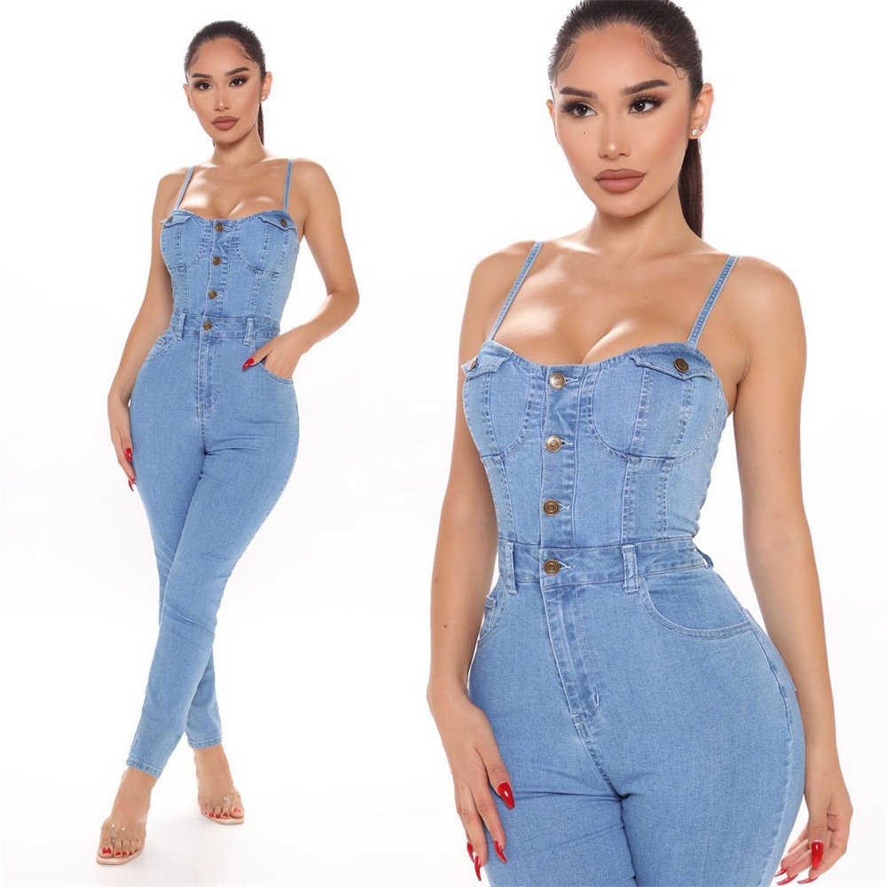 spaghetti strap denim jumpsuit