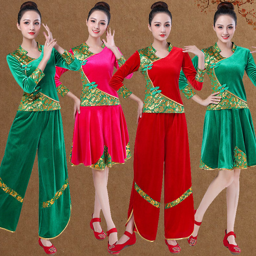 Women velvet red green chinese folk dresses square dance dance clothing pleuche suit practise adult Yangge umbrella fan performance clothes