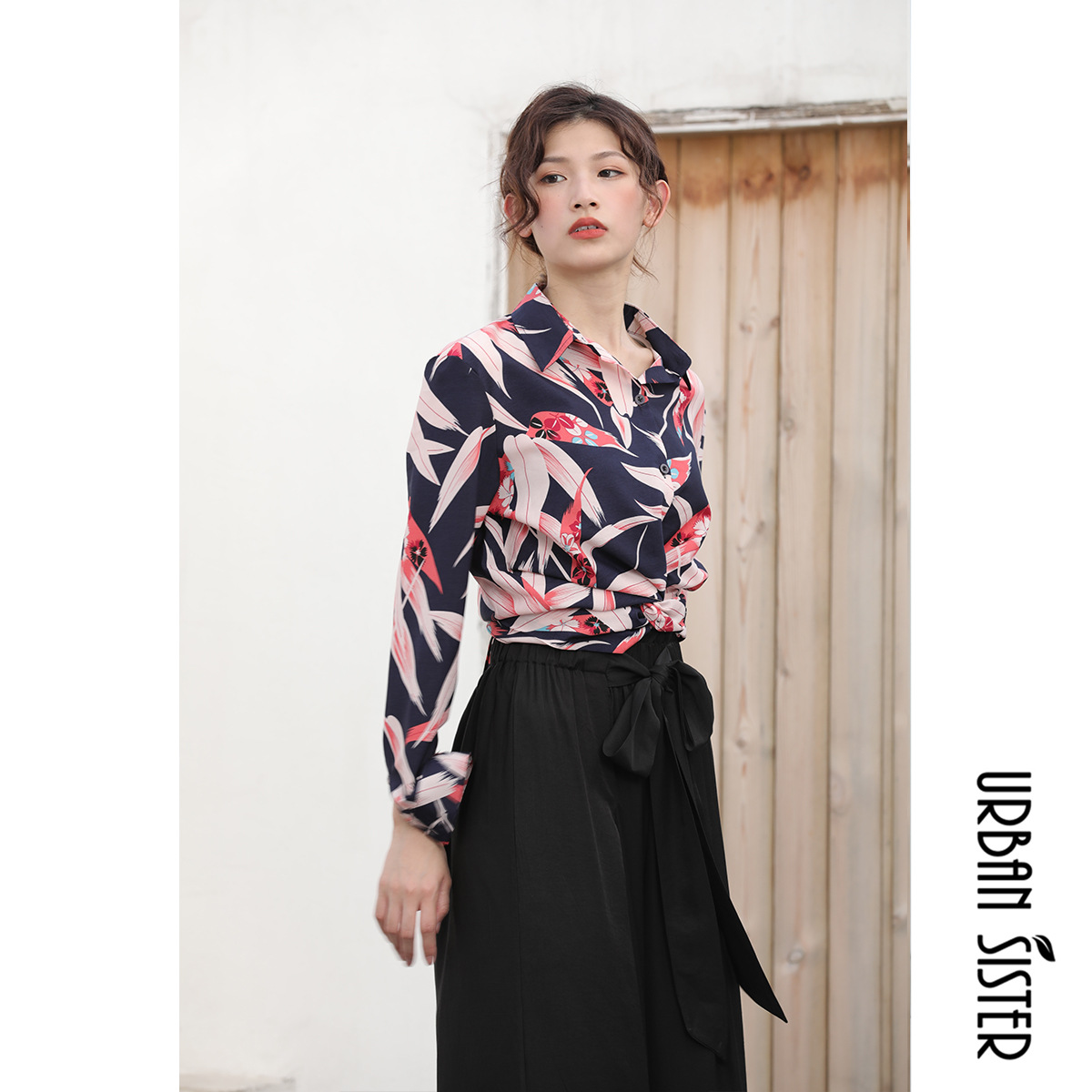 2020新款夏季绑带时尚气质女式长袖印花修身衬衫上衣厂家现货批发|ms