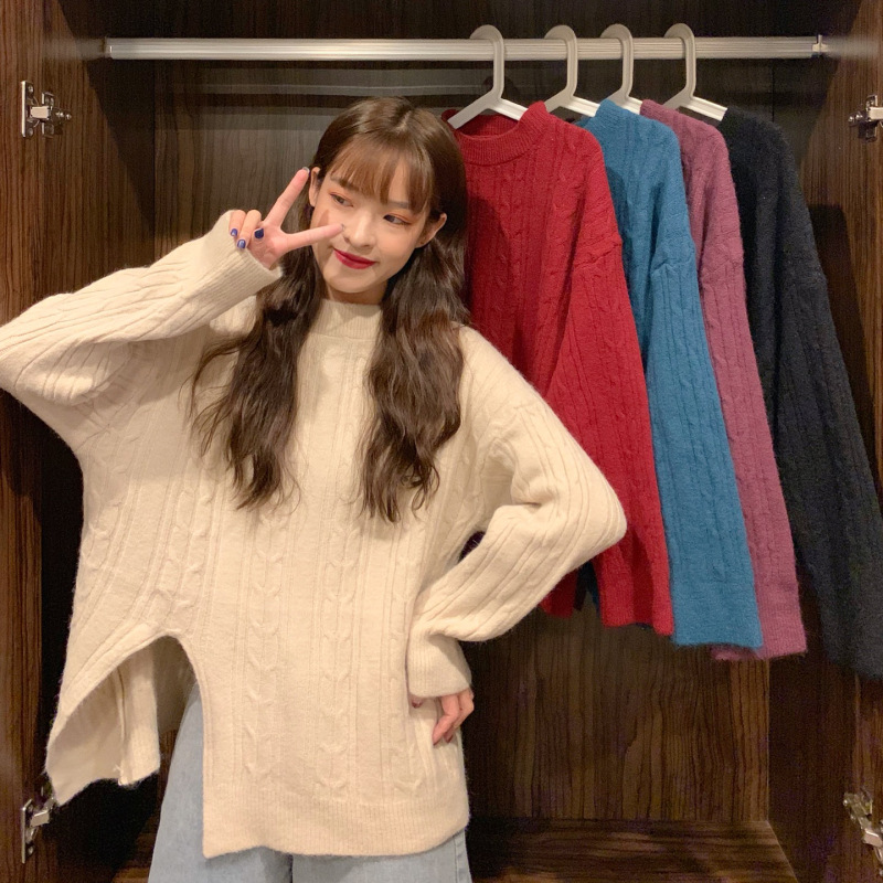 2020秋冬季新款韓版毛衣女休閑加厚設計感開叉套頭純色針織衫百搭