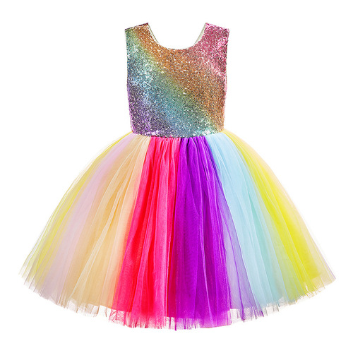 Girls rainbow colored sequined modern jazz dance dress singers host chorus stage performance princess dress for kids 