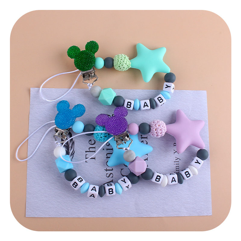 Suministros para bebés Mickey chupete clip calmante Cadena de chupete de silicona Big Star mordedor cadena anti-caída nombre del bebé