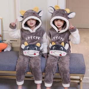 冬季儿童睡衣长毛绒套装保暖新款加厚中大儿童连帽家居服一件代发