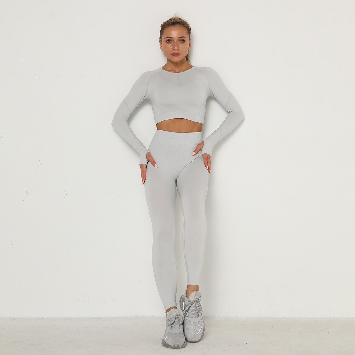 seamless fold high waist slim tight long sleeve yoga suit NSLX8985