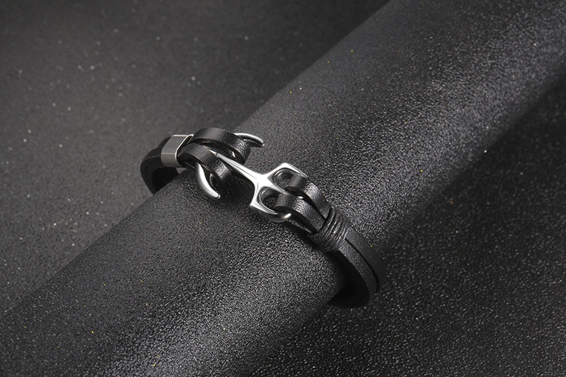 Einfache Mehr Schicht Ige Gewebte Leder Grenz Überschreitende Accessoires Titan Stahl Anker Leder Armband display picture 2