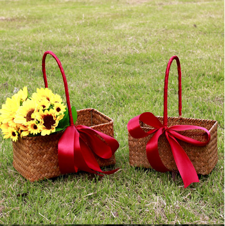 柳编田园防水手提草编花篮藤编编织多肉花盆家居装饰金色花篮花器