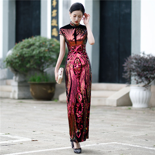 Chinese Dress Qipao for women Long short sleeve cheongsam dress with velvet sequins