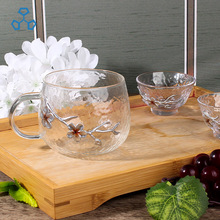 轻奢寒梅古风手把大茶杯高硼硅材质耐高温玻璃水杯茶碗组合