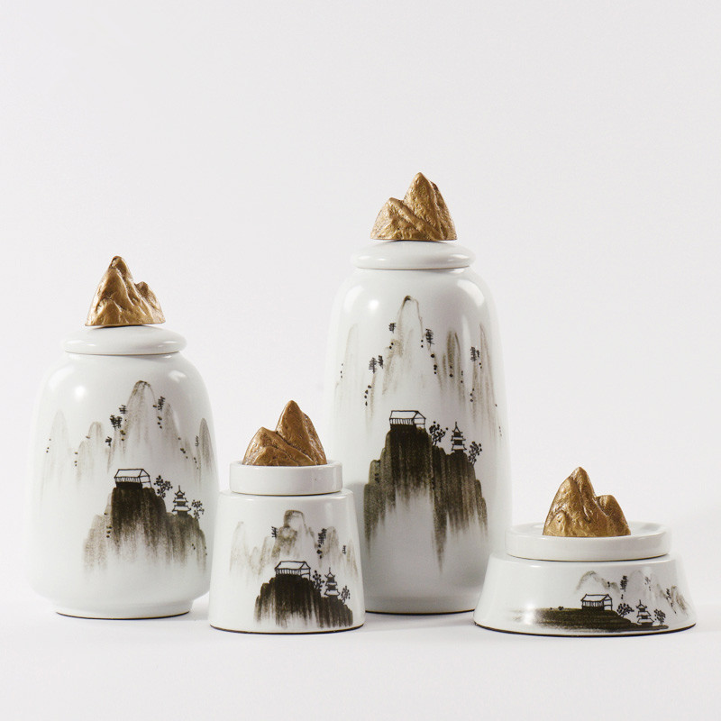 New Chinese creative ink ceramic storage tank brass rockery handle decoration living room hotel lobby soft decoration
