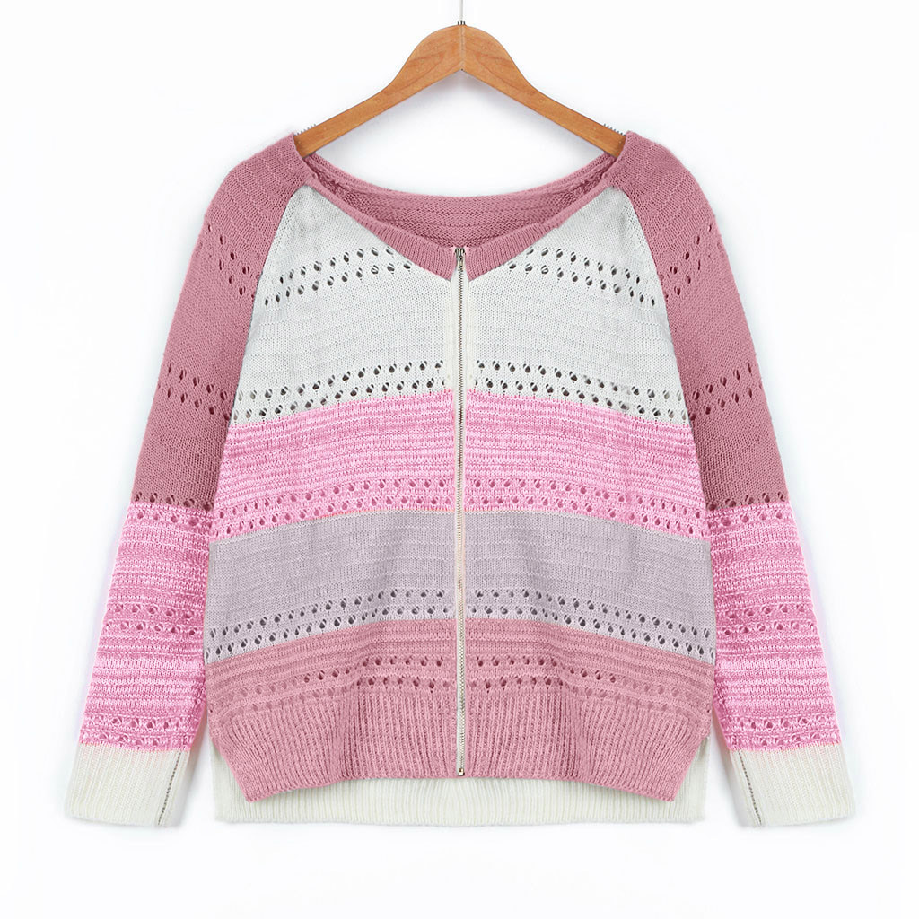 new autumn and winter V-neck long-sleeved zipper color matching sweater top  NSYF826