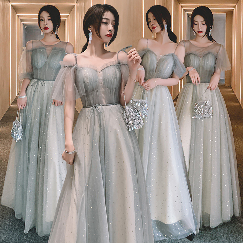 princess polly baby blue dress Grey Lace Scalloped V-neck Vintage Long Bridesmaid Dress main image 1