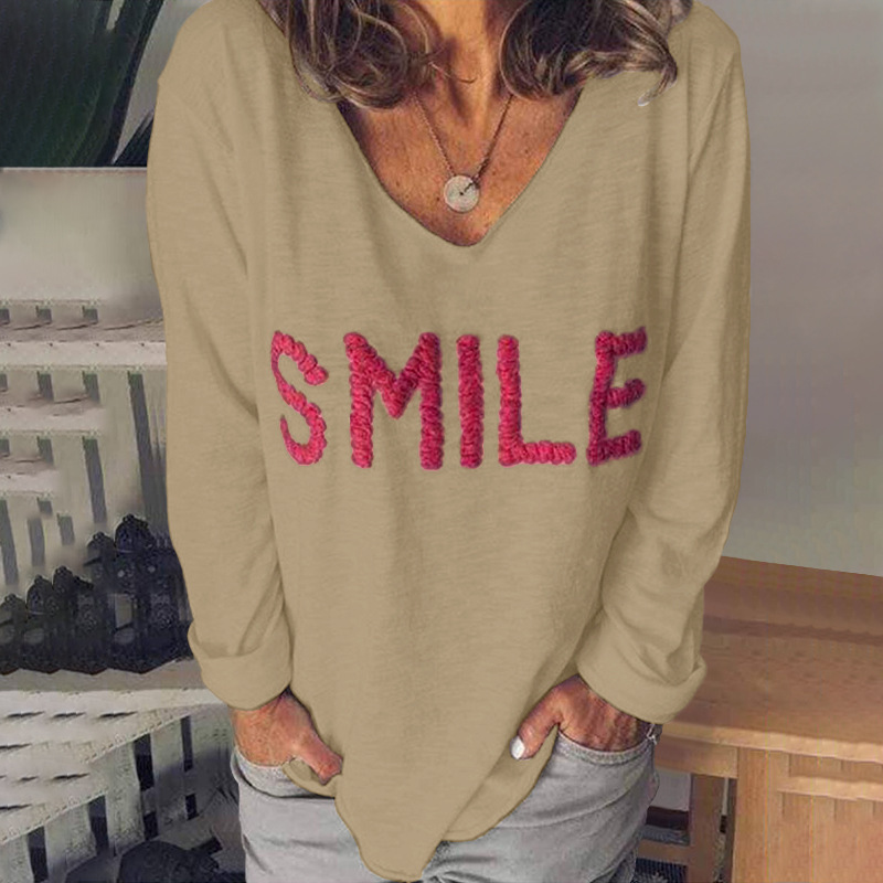 V-neck loose letter embroidery top NSLZ33226