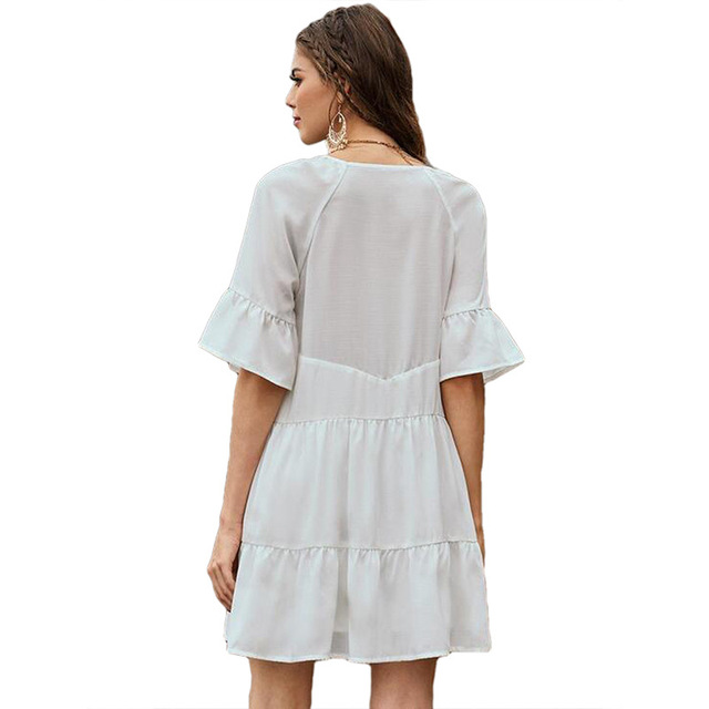 Solid color patchwork Ruffle fringe flare sleeve dress