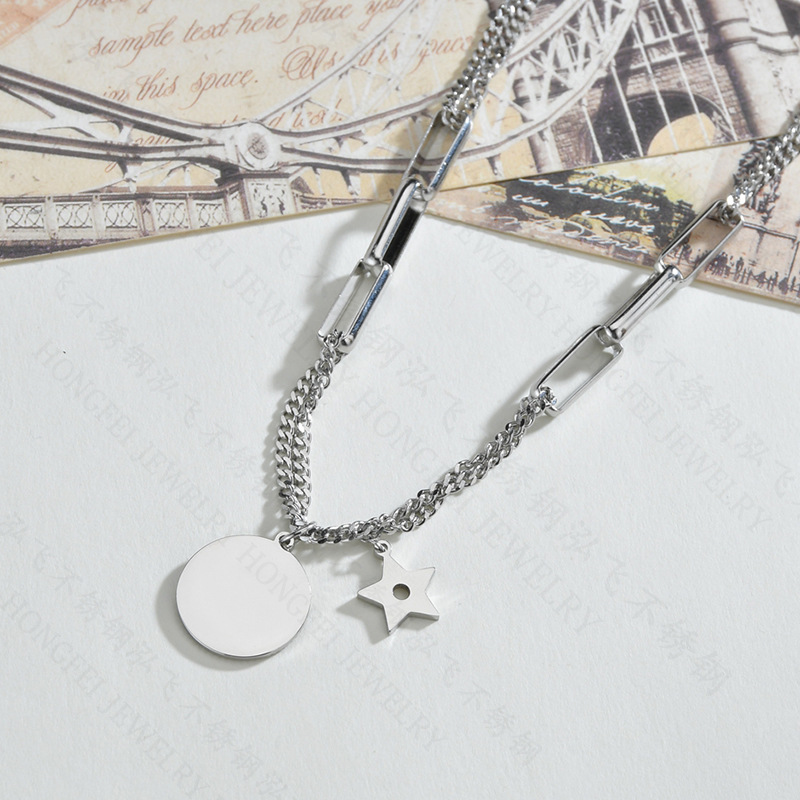 Fashion Love Round Pendant Hip-hop Style Stainless Steel Five-pointed Star Tassel Chain Necklace display picture 5