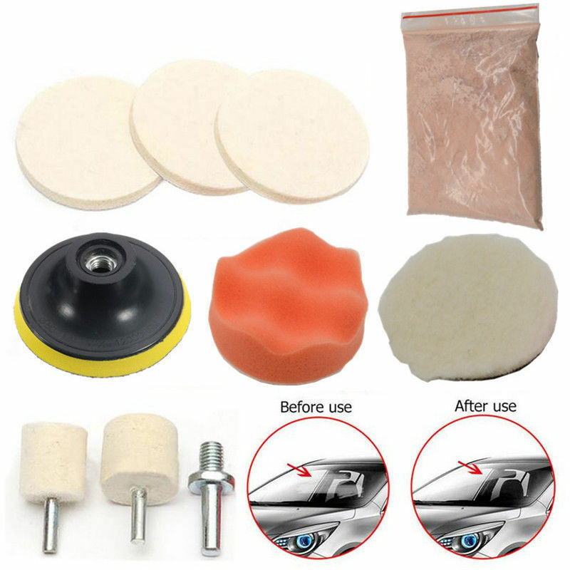 Rueda de lana de 3 pulgadas, herramienta de pulido de vidrio templado para ventanas de automóviles, juego de 8 piezas con polvo de pulido de óxido de cerio