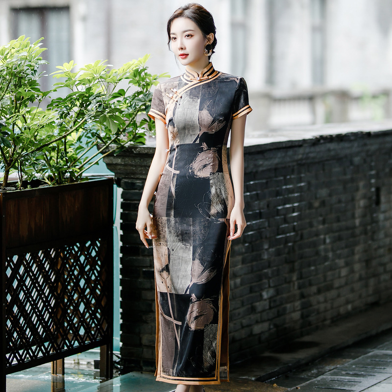 Chinese Dress cheongsam for womenShort sleeve double layer cheongsam long retro cheongsam skirt
