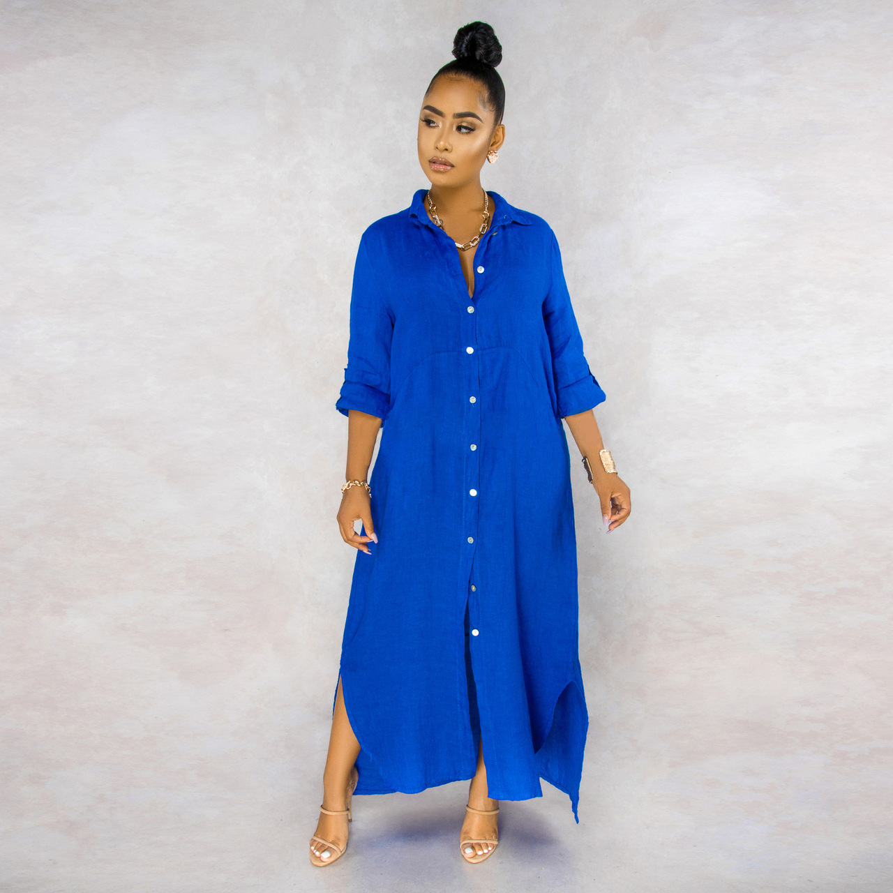 solid color long sleeve loose single-breasted shirt dress NSMRF137195