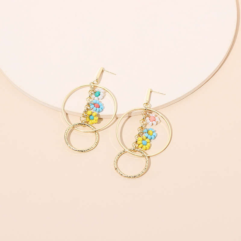 12g Weight Earrings Classification Wedding, Travel, Birthday, Festival Occasion Women'S Gender Gold Color Big Circle Ring Rice Bead Flower Geometric Earrings 2