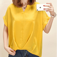 2025夏季韩版大码宽松气质v领上衣女短袖蝙蝠衫藏肉棉麻衫衬衫