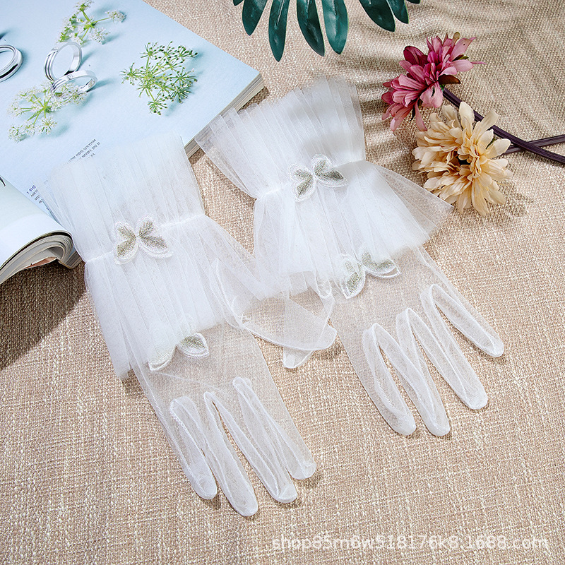 新娘手套婚纱礼服配饰有指手套影楼旅拍照写真白色短款网纱手套女|ms