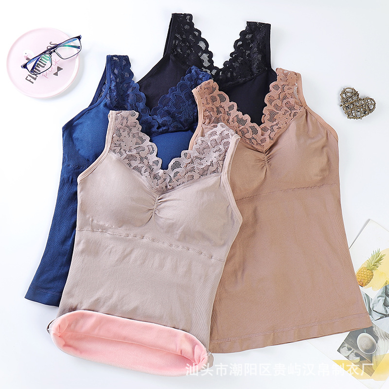 Style Thermal Vest For Women,Thickened And Velvet,Slim Fit,Heated Lace Bottoming Underwear With Chest Pad,V-neck Beautiful Back Vest