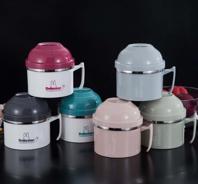 不锈钢304快餐杯双层学生食堂便当盒快餐杯防烫泡面碗北欧色塑钢