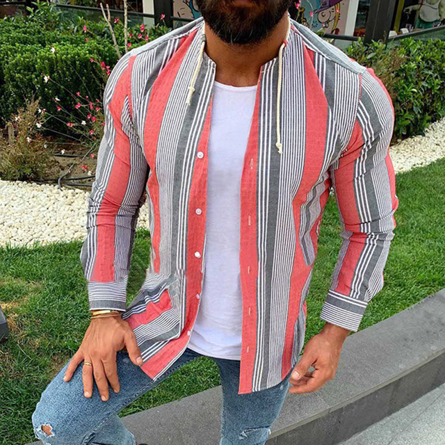 Men’s casual shirt European and American style button cardigan men’s long sleeve printed slim Stripe Shirt