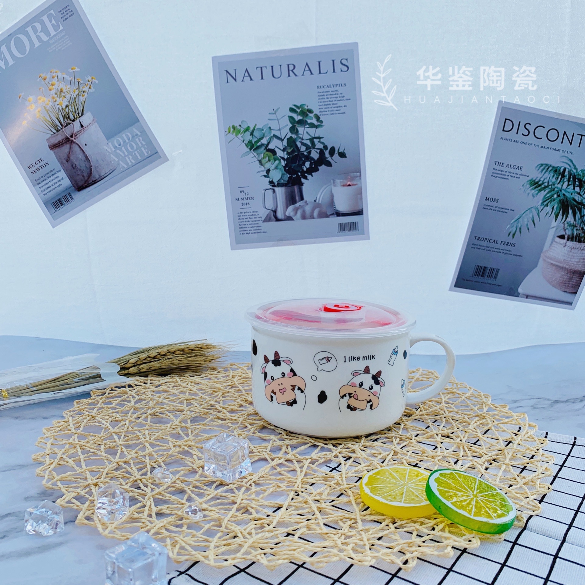 Tazón de cerámica personalizado de estilo japonés con asa, tazón para fideos instantáneos con tapa, lonchera para sopa de fideos, tazón para conservar alimentos frescos, estilo nórdico para uso doméstico.