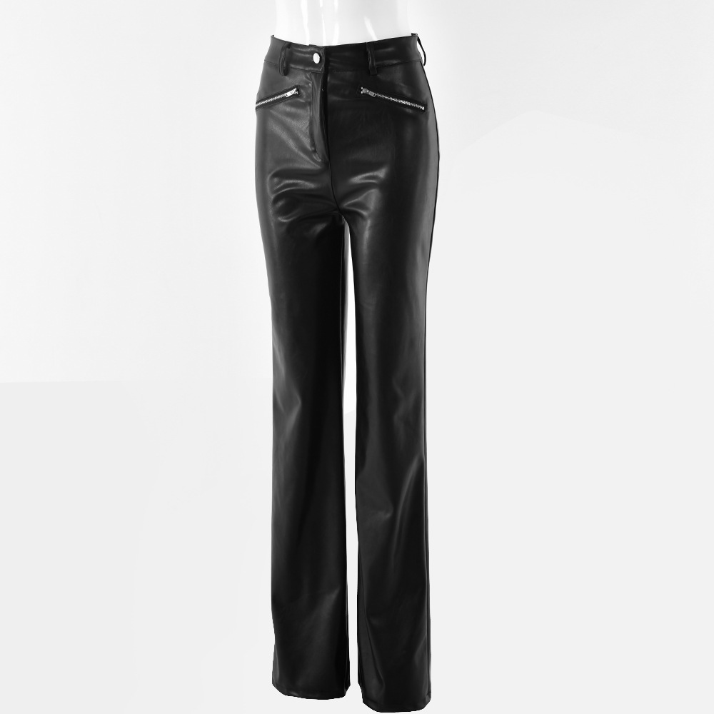 high waist zipper PU leather trousers NSFD30652