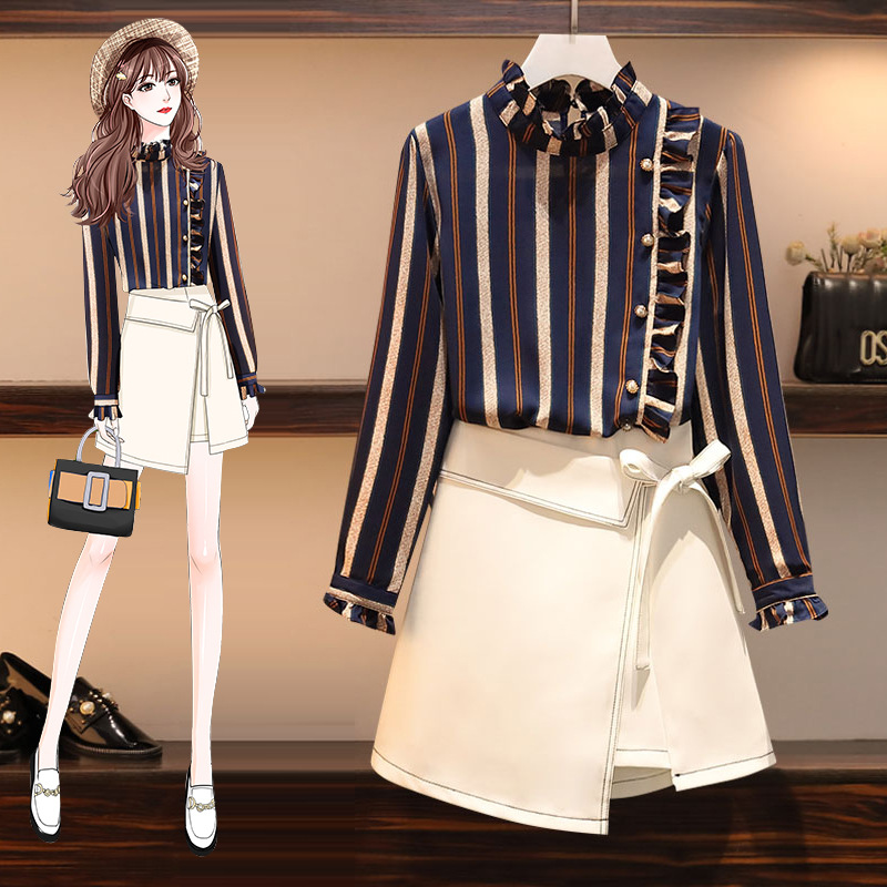 微胖妹妹大碼連衣裙女秋裝新款顯瘦遮肉雪紡襯衫半身裙穿搭兩件套