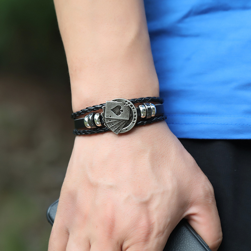 Fashion new braided alloy playing card beaded pair buckle leather bracelet