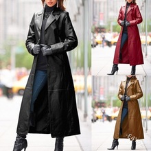 跨境外贸2020欧美女装pu皮外套长款大衣修身显瘦大码皮风衣E4Y520