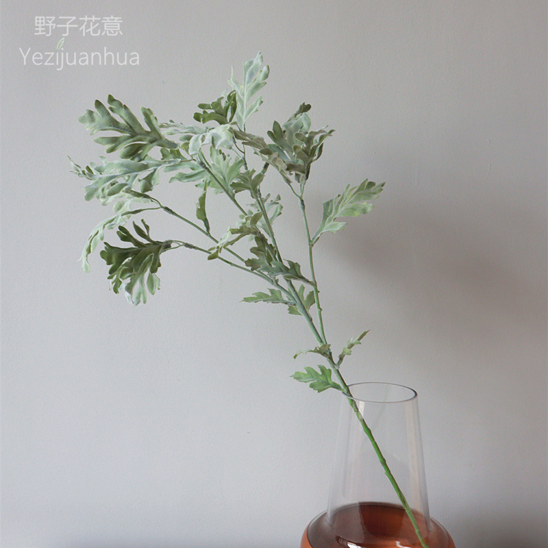 新款长枝银叶菊 植绒仿真花叶子家居装饰花艺插花叶材|ru