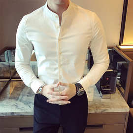 四季款韩版修身男士立领纯色休闲衬衫青年时尚绅士商务英伦衬衣潮