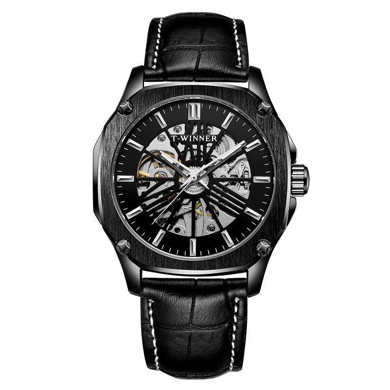 Ganador reloj mecánico automático para hombres moda hueco transparente volante correa de cuero reloj mecánico 8182