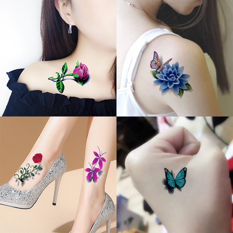 3D Three-dimensional Tattoo Sticker Female Rose Flower Butterfly Bianhua Small Fresh Internet Celebrity Shake Tone Same Style