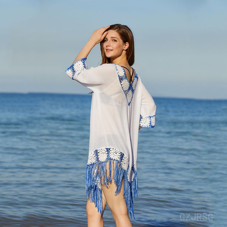 hand hook stitching fringed mid-sleeve loose beach outdoor cover-up NSFH123964