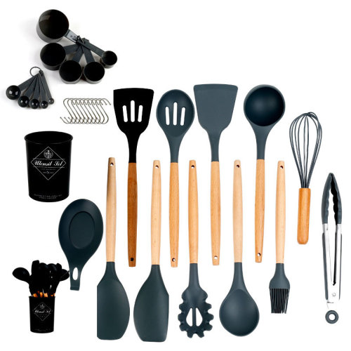 Wholesale silicone kitchen utensils with wooden handles 33-piece set silicone spoon spatula kitchen gadget set silicone holder kitchen utensils