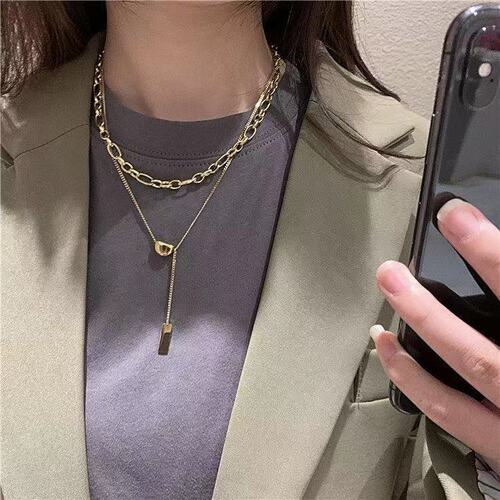 Titanium steel non-fading double layer stacked lucky bean necklace women's clavicle chain 2020 new high-end sweater chain