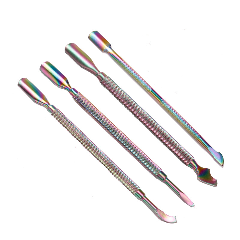 Cross-border dedicado empuje de acero de 4 piezas de acero inoxidable piel muerta empuje color titanio pequeño empuje de acero pala de piel muerta caja de herramientas de manicura