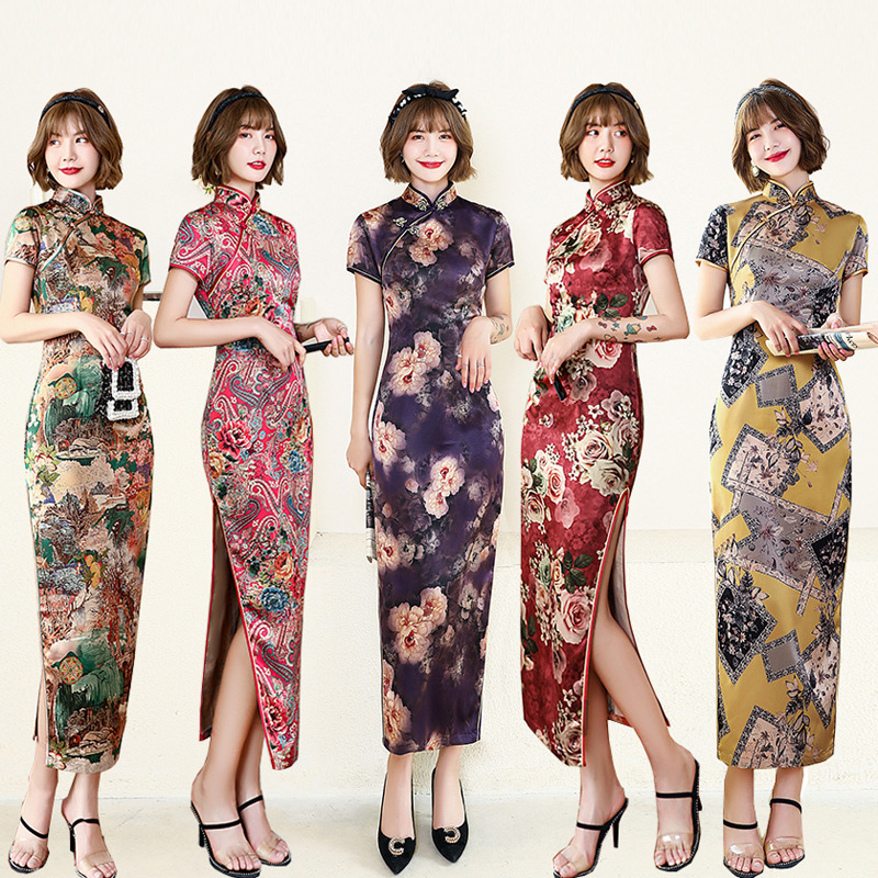 Chinese dress retro oriental qipao floral cheongsam dresses Long cheongsam Women's host singer performance party show Chinese style dresses