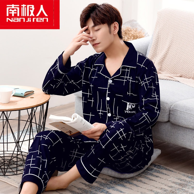 Pijamas de los hombres primavera y otoño manga larga 100% algodón medio grueso pijamas casuales invierno algodón desgaste del hogar traje