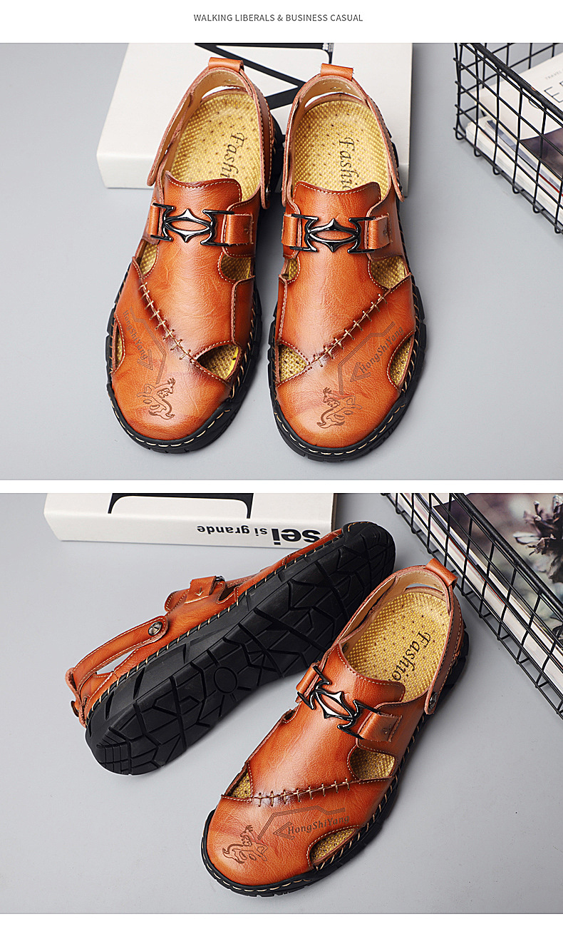 Amazon 4950 men's plus-size sandals, men's trendy leather beach shoes, flip-flops, plus-size men's shoes, sewn shoes, cross-border undefined