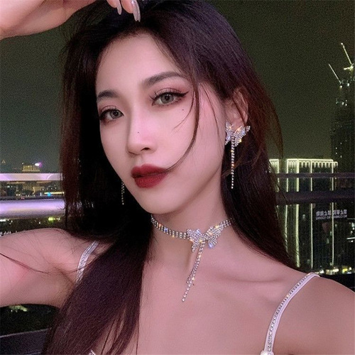 choker choker rhinestone necklace bridal bow clavicle chain short choker women's simple neckband earrings set