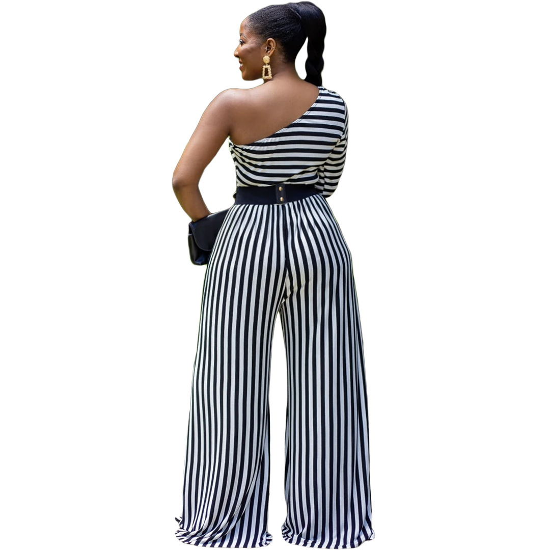 plus size oblique shoulder stripe stitching jumpsuit NSFZ61547