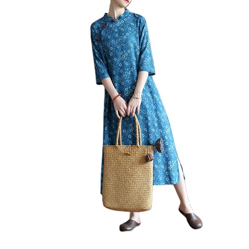 Chinese dresses oriental retro Qipao Cheongsam for women  cotton and linen loose cheongsam modified printing plate buckles qipao dress female 