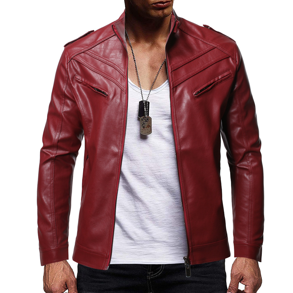 European And American Color Stitching Stand-up Collar Casual Leather Jacket