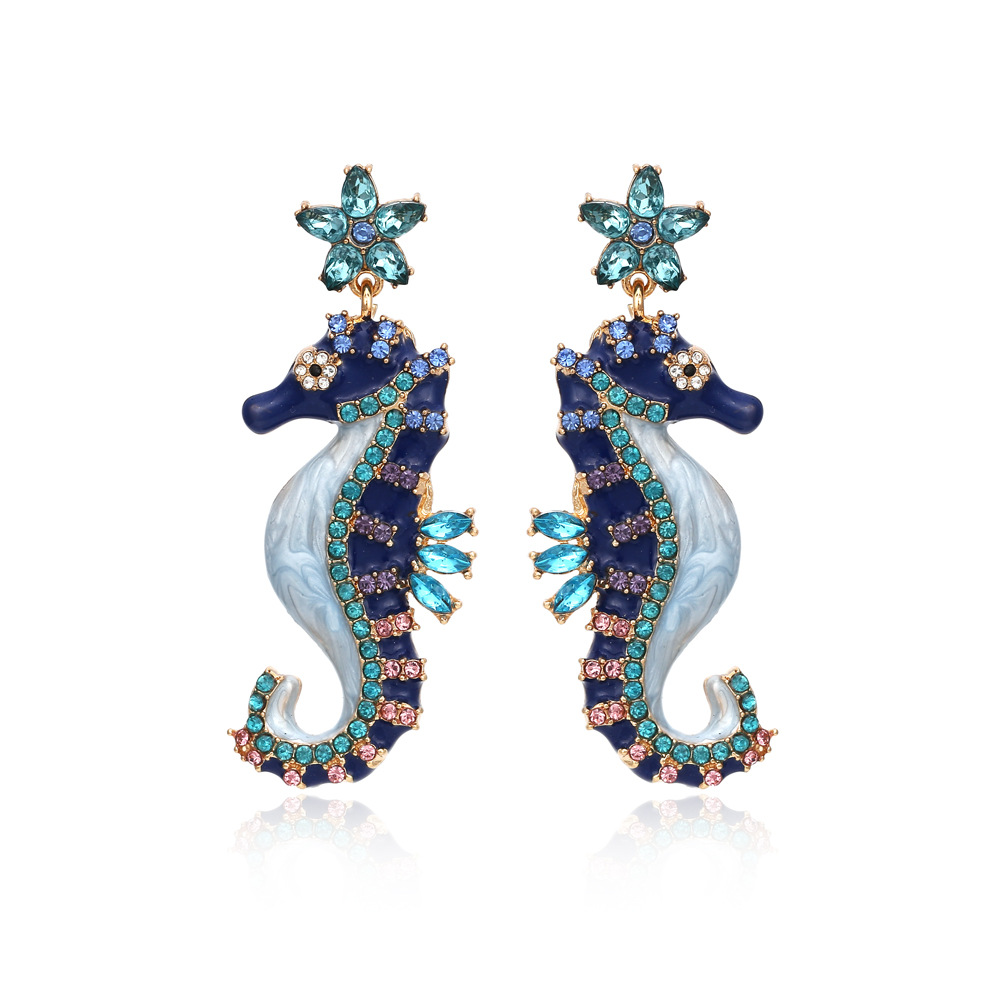 25g Weight Water Plating Gold Plating Process 1 Pair Cartoon Style Cute Hippocampus Enamel Zinc Alloy Rhinestones Drop Earrings