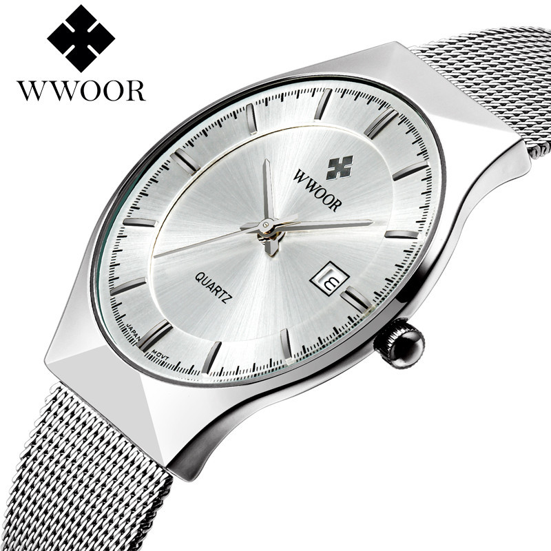 WWOOR Holding Love nuevo reloj de cuarzo de 3 pines para hombres de negocios calendario impermeable Milan Mesh Belt casual Bowl Watch 8016